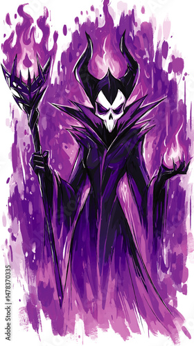Enchanting Purple Fantasy Art Illustration of Dark Sorceress Holding Magic Staff and Fire Spell in Skulls and Horns Costume for Gaming and Halloween Design Projects