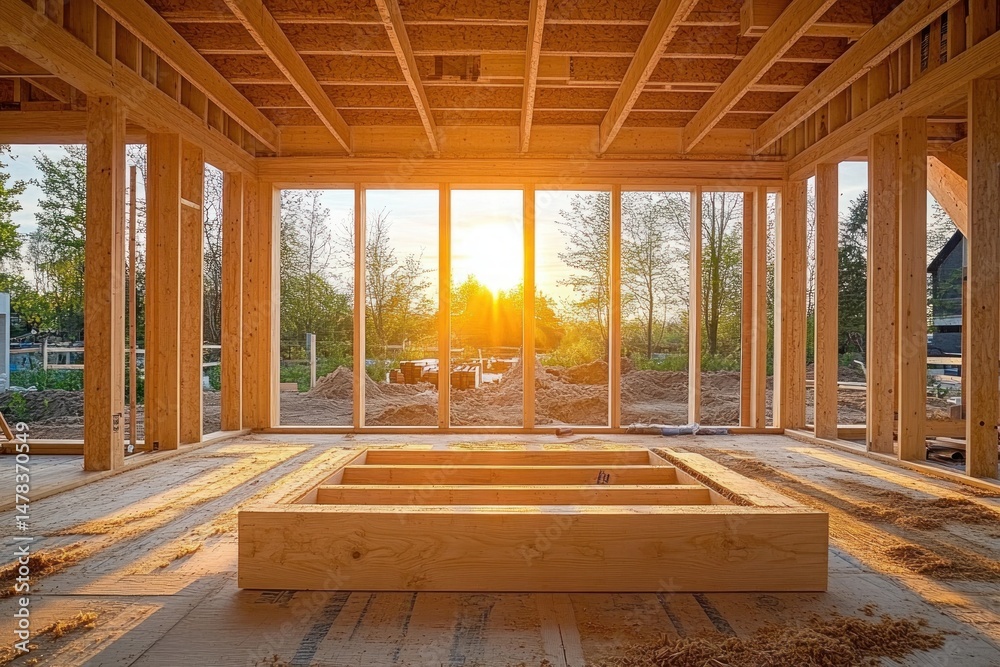 Obraz premium Interior view of wooden house under construction with large glass windows and sunlight streaming through at sunset