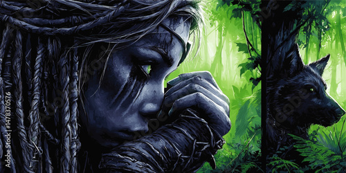 Mystic Fantasy Vector Art Illustration of Tribal Warrior Woman with Braids and Mystical Wolf Companion in Enchanting Green Magic Forest with Intense Emotion and Mystery