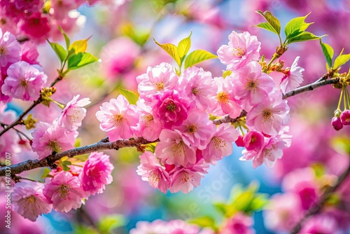 Macro Spring Blossom: Pink Flowers, Green Leaves, Branch Detail