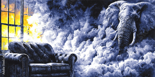 Surreal Vector Illustration of Majestic Elephant Emerging From Clouds Toward Vintage Couch With Dramatic Sky and Sunlit Window Mysterious Dreamscape Fantasy Concept Art