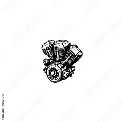 Detailed line art illustration of a v-twin motorcycle engine, black and white design