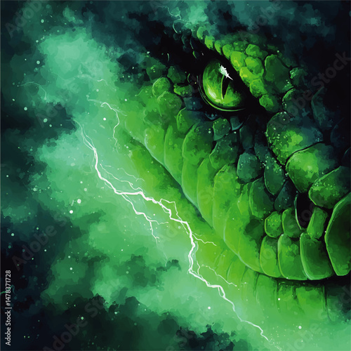 Captivating Vector Illustration of Green Dragon Face with Glowing Eye and Scales Surrounded by Dark Clouds Lightning Mystical Fantasy Digital Art Background