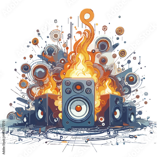 Abstract illustration of speakers with flames and colorful sound waves. Burning speakers   