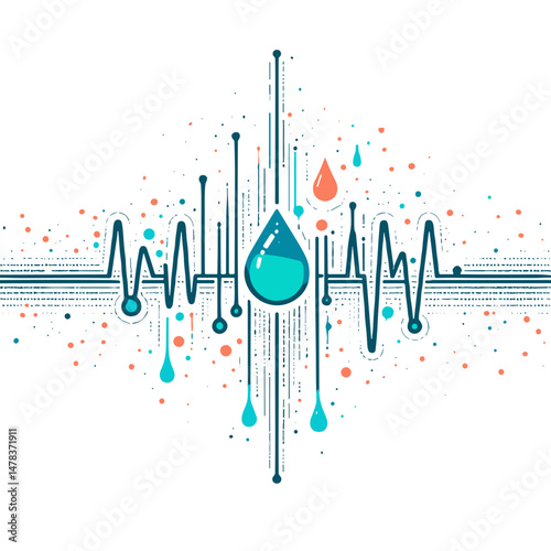 Abstract illustration of heartbeat line with water droplets in blue  