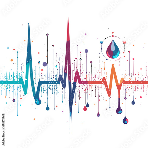 Abstract heartbeat waveform with colorful droplets and water symbol  