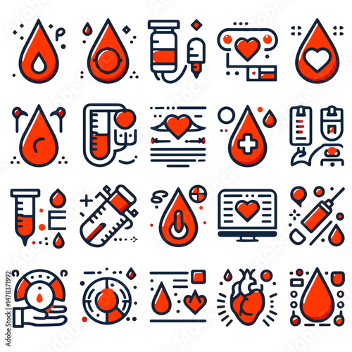 Medical icons illustrating blood donation and health monitoring. Blood droplet icons  