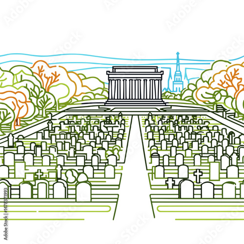 Scenic view of cemetery with gravestones and memorial structure. Arlington Cemetery  