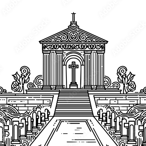 Cemetery with ornate chapel and rows of tombstones in black and white  