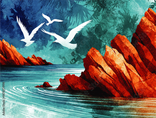 Vibrant Vector Illustration of White Seagulls Flying Over Tropical Turquoise Ocean Waters with Dramatic Orange Rocky Shores and Palm Leaf Silhouetted Sky Landscape
