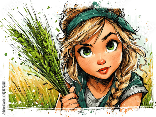 Vector Illustration of Cute Young Girl with Green Eyes Holding Wheat in Countryside Artistic Splatter Paint Style Painting with Blonde Braided Hair and Headband