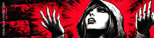 Striking Vector Illustration of Dramatic Woman Wearing Hood Reaching Upward on Vivid Grunge Red Background Artistic Emotional Comic Book Graphic Novel Style Artwork