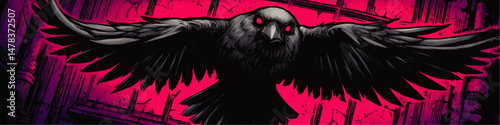Dark Creepy Raven with Glowing Red Eyes Flying Against Grungy Gothic Background Detailed Vector Horror Illustration for Graphic Novel Halloween Horror Design Concept