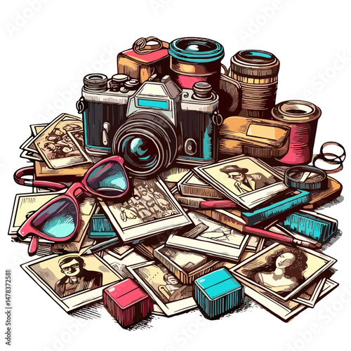 Vintage camera and printed photos arranged on a wooden surface  