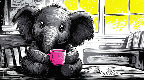 Adorable Cute Baby Elephant Holding Pink Mug Vector Illustration Sitting at Table Near Window Cozy Room Bright Sketchchildren Book Style Art Animal Character Design
