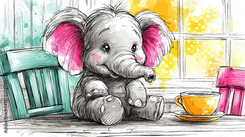 Adorable Baby Elephant Sitting with Yellow Teacup Vector Image Illustration in Pastel Watercolor Style Colorful Kids Animal Art for Nursery Deco and Childrens Projects