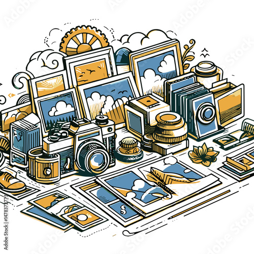 Illustration of cameras and photographs arranged in creative layout  