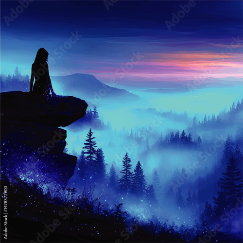 Enchanting Vector Art of Woman Silhouette Sitting on Cliff over Misty Forest and Mountain Landscape with Twilight Sunrise and Magic Glowing Lights Creating Peaceful Ambience