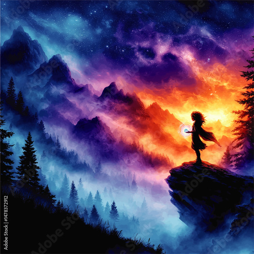 Mystical Fantasy Vector Art Depicting Magical Girl on Rocky Cliff With Glowing Orb Overlooking Colorful Majestic Mountain Range Under Starry Night and Galactic Sky Scene