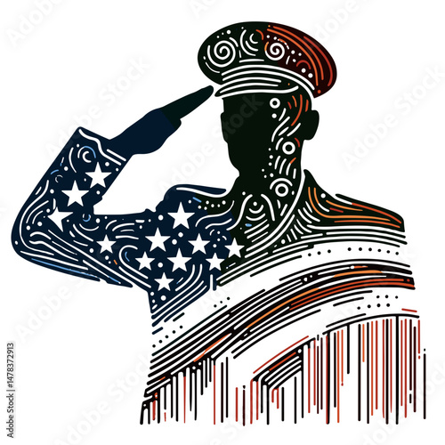 Stylized soldier saluting with an American flag background design  