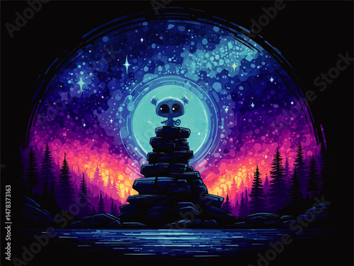 Mystical Alien Creature on Stacked Rocks Against Vibrant Starry Cosmic Night Sky Forest Silhouette and Lake Reflection Fantasy Vector Illustration Background