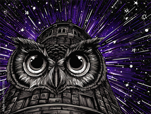 Mesmerizing Vector Illustration of Mystic Owl with Large Eyes and Ancient Tower Against Cosmic Starry Purple Sky Background Symbolizing Wisdom Magic and Mysticism