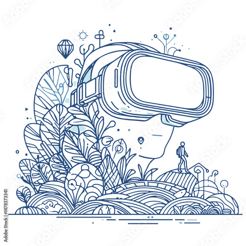 Line art of a person wearing VR headset surrounded by nature  