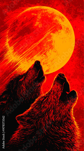 Stunning Vector Illustration of Two Red Wolves Howling at a Fiery Orange Full Moon with Dramatic Night Sky Scenic Wildlife Nature Art Design Background Vector Image