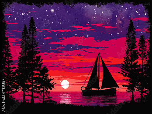 Vivid Scenic Vector Illustration of Sailboat Silhouette Sailing under Starry Purple and Pink Sky with Vibrant Sunset Ocean Reflection and Pine Tree Silhouettes Outdoor photo