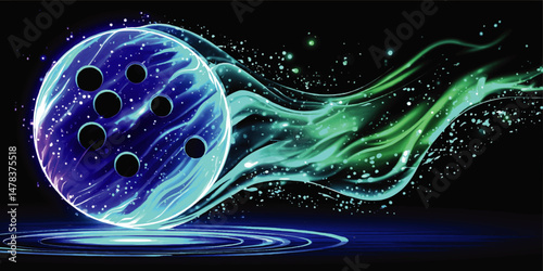 Dynamic Illuminated Bowling Ball Vector Graphic with Neon Blue and Green Light Trails Abstract Motion Design Background for Sports Entertainment and Futuristic Concepts