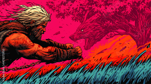 Dynamic Vector Illustration of Powerful Warrior Facing Wild Wolf Spirit in Bold Colors Fantasy Adventure Scene with Chains Strong Graphic Style Energetic Action Art