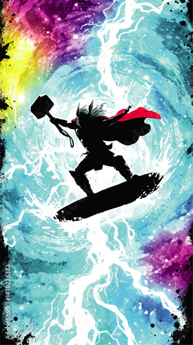 Vector Illustration of Mighty Norse God Wielding Hammer Surfing Through Cosmic Rainbow Lightning Epic Fantasy Powerful Mythology Graphic Novel Art Scene