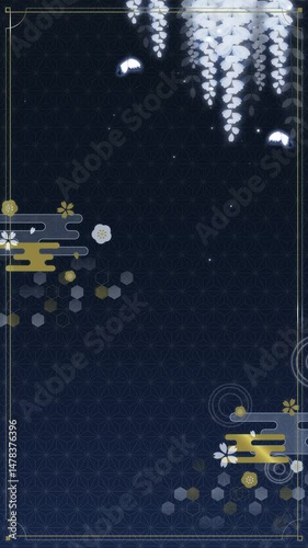 Elegant Indigo and Gold Japanese Pattern Background Animation,Loop,Vertical