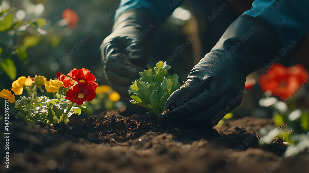 Fototapeta premium Gardener Planting Flowers in Soil
