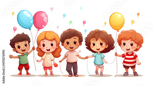 Cheerful children with candies and balloons in adorable cartoon vector illustration