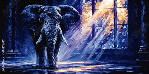 Majestic Elephant Standing in Beautiful Gothic Cathedral with Dramatic Sunlight and Deep Blue Colors Detailed Artistic Vector Digital Illustration Wallpaper