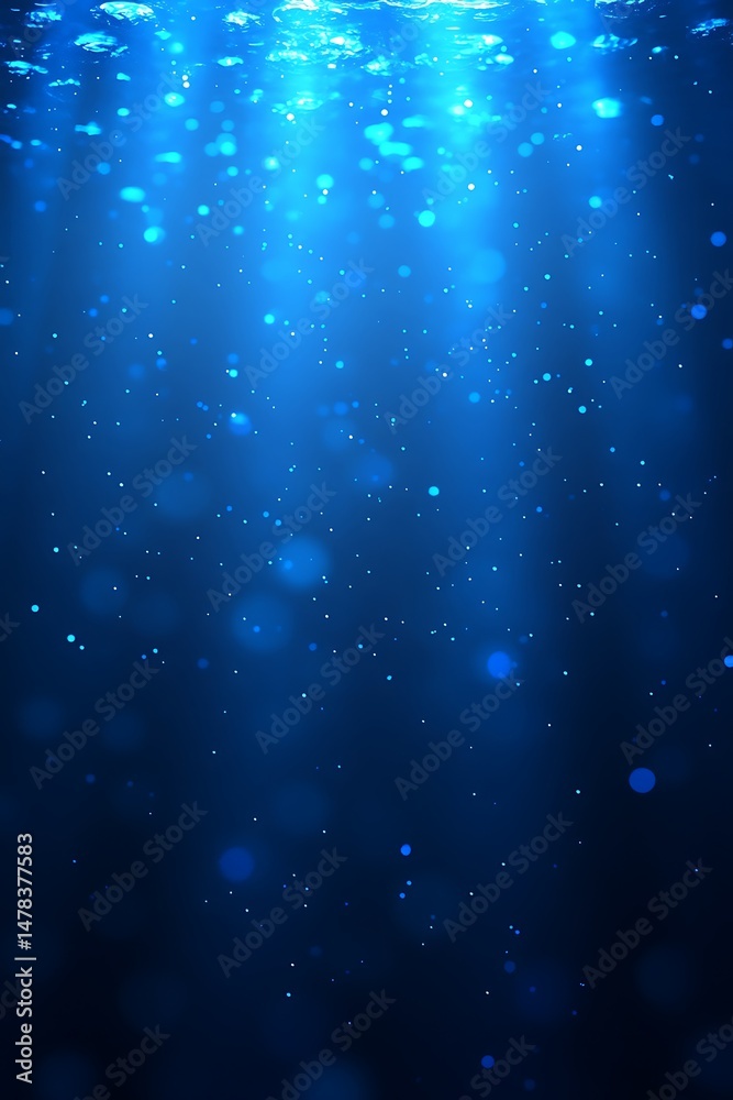 Obraz premium Underwater light beams, particles, dark blue