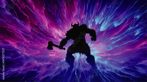 Epic Fantasy Warrior Vector Illustration with Horned Barbarian Silhouette Holding Axe on Cosmic Galactic Space Background in Neon Blue and Purple Explosion Effect