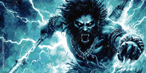 Epic Fantasy Warrior Vector Illustration Fierce Blue Lightning Storm Powerful Barbarian Warrior with Spear Glowing Eyes and Jewelry Battle Energy and Mythical Hero Art