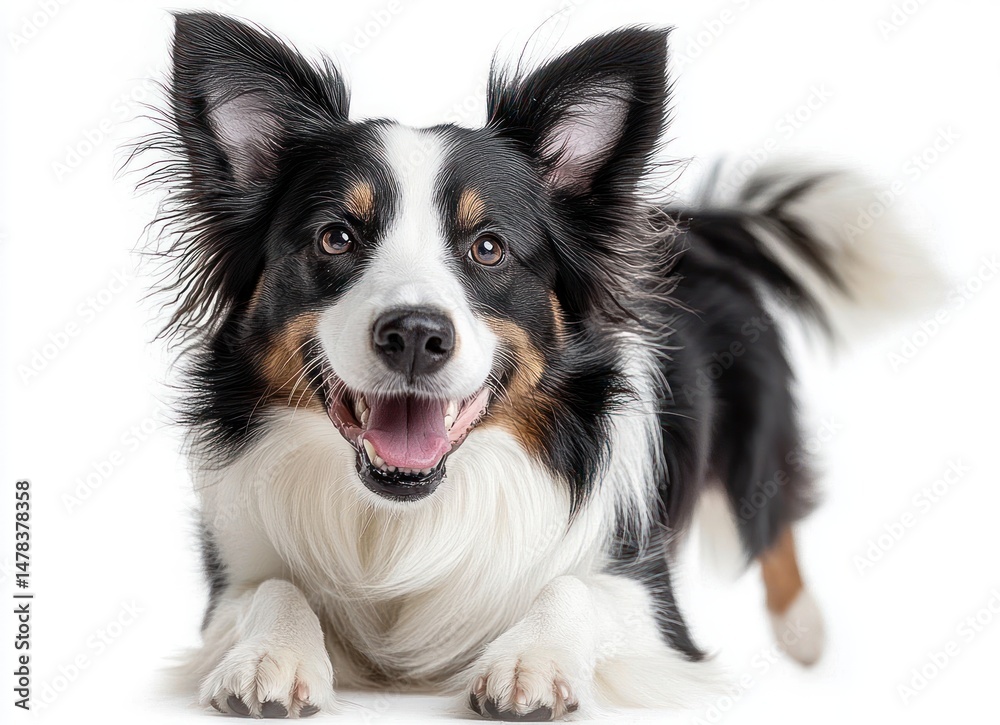 Fototapeta premium Happy black white and brown dog with fluffy fur lying down and looking directly at the camera with an excited and joyful expression