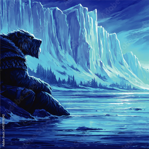 Epic Vector Illustration of Majestic Fantasy Bear Warrior Gazing Calmly Over Frozen Icy Arctic Lake with Enormous Glacier Cliffs and Northern Wilderness Background