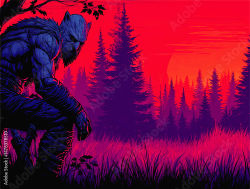 Mystical Fantasy Vector Illustration of Powerful Werewolf Warrior in Dark Forest at Sunset with Blue Purple and Red Gradient Silhouette Nature Background Landscape