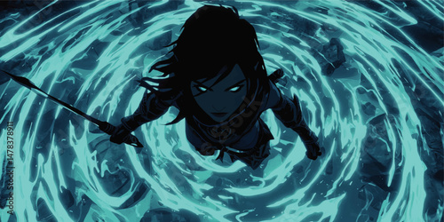 Dynamic Vector Illustration of Fierce Female Warrior with Glowing Sword In Epic Fantasy Battle Surrounded by Vibrant Blue Energy Waves Magic Anime Art Style Background