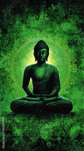 Serene Vector Illustration of Buddha Meditating with Green Mandala Background Spiritual Zen Art Design Concept for Mindfulness Yoga Relaxation Buddhism Healing Balance