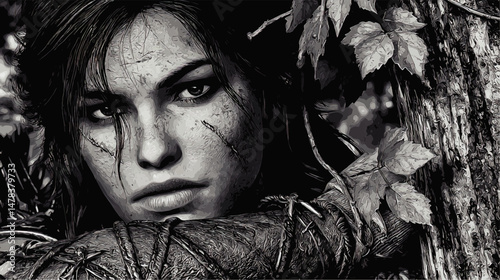 Vector Illustration Portrait of Female Warrior with Battle Scars in Detailed Digital Art Style Depicting Female Strength Survival and Nature in Monochrome Background
