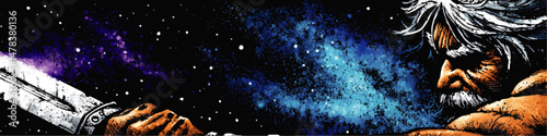 Vector Illustration of Powerful Mythological Warrior Holding Sword in Cosmic Galaxy Space Epic Battle Scene Fantasy Artwork with Stars and Nebula Background Detail