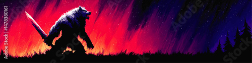 Fantasy Vector Illustration of Fierce Werewolf Warrior Holding Sword with Dramatic Northern Lights Background in Epic Night Sky for Artistic Concept and Graphic Design