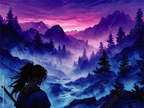 Vector Illustration of Samurai Warrior Overlooking Fantasy Landscape with Stunning Mountain Views, Enchanting Vibrant Sunrise, Mystical Fog and Majestic Pine Forest
