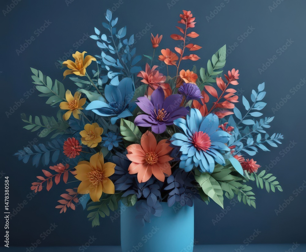 Obraz premium Colorful paper cut floral arrangement on blue, copy space, paper craft, paper flowers