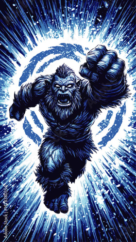 Powerful Blue Yeti Monster Charging Aggressively with Illuminating Energy Burst Background and Dynamic Punch Attack Detailed Fantasy Vector Illustration Art Design